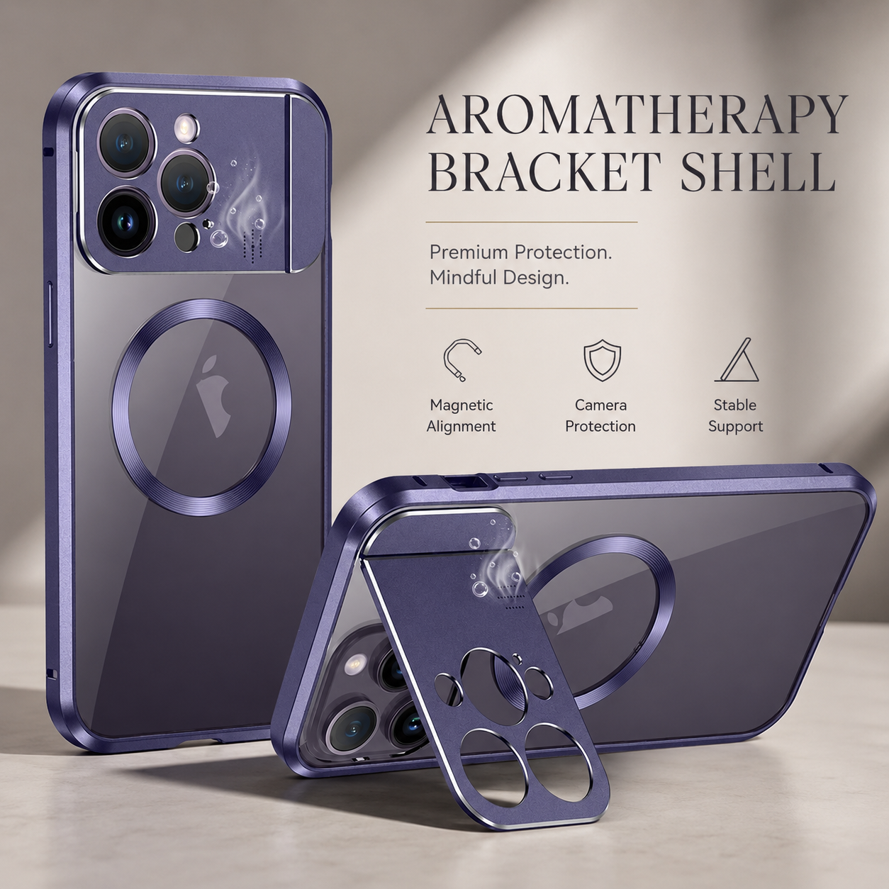 Premium iPhone Case MagSafe Compatible Shockproof Cover Metal Stand Aromatherapy Slot Slim Design