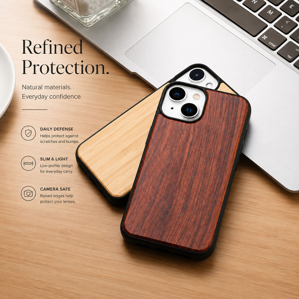 Premium iPhone Case MagSafe Compatible Solid Bamboo Wood Cover Shockproof Slim Natural Design