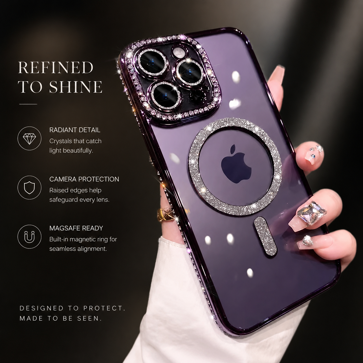 Premium iPhone Case MagSafe Compatible Transparent Glitter Diamond Cover Shockproof Bumper Ultra Thin Protection