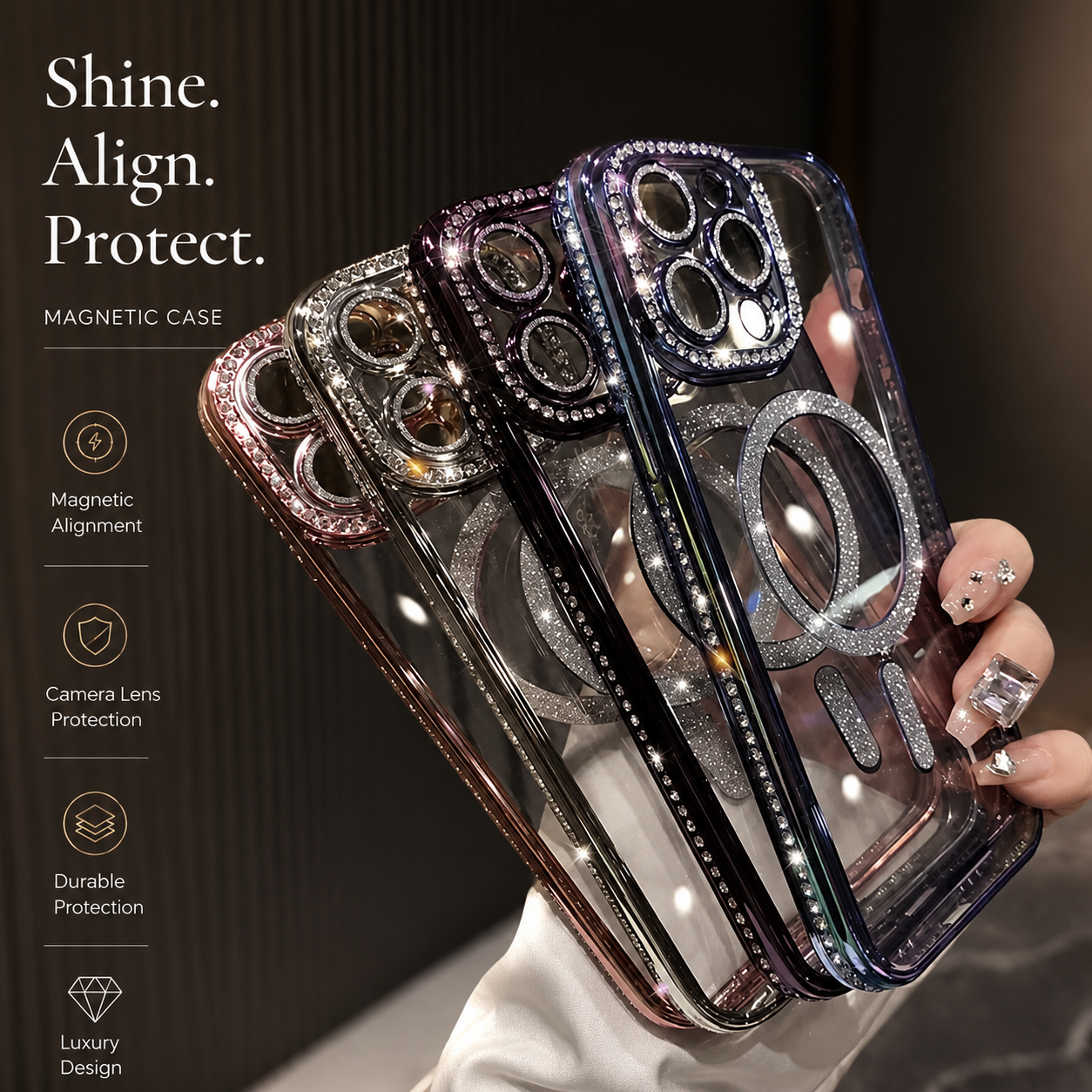 Premium iPhone Case MagSafe Compatible Transparent Glitter Diamond Cover Shockproof Bumper Ultra Thin Protection