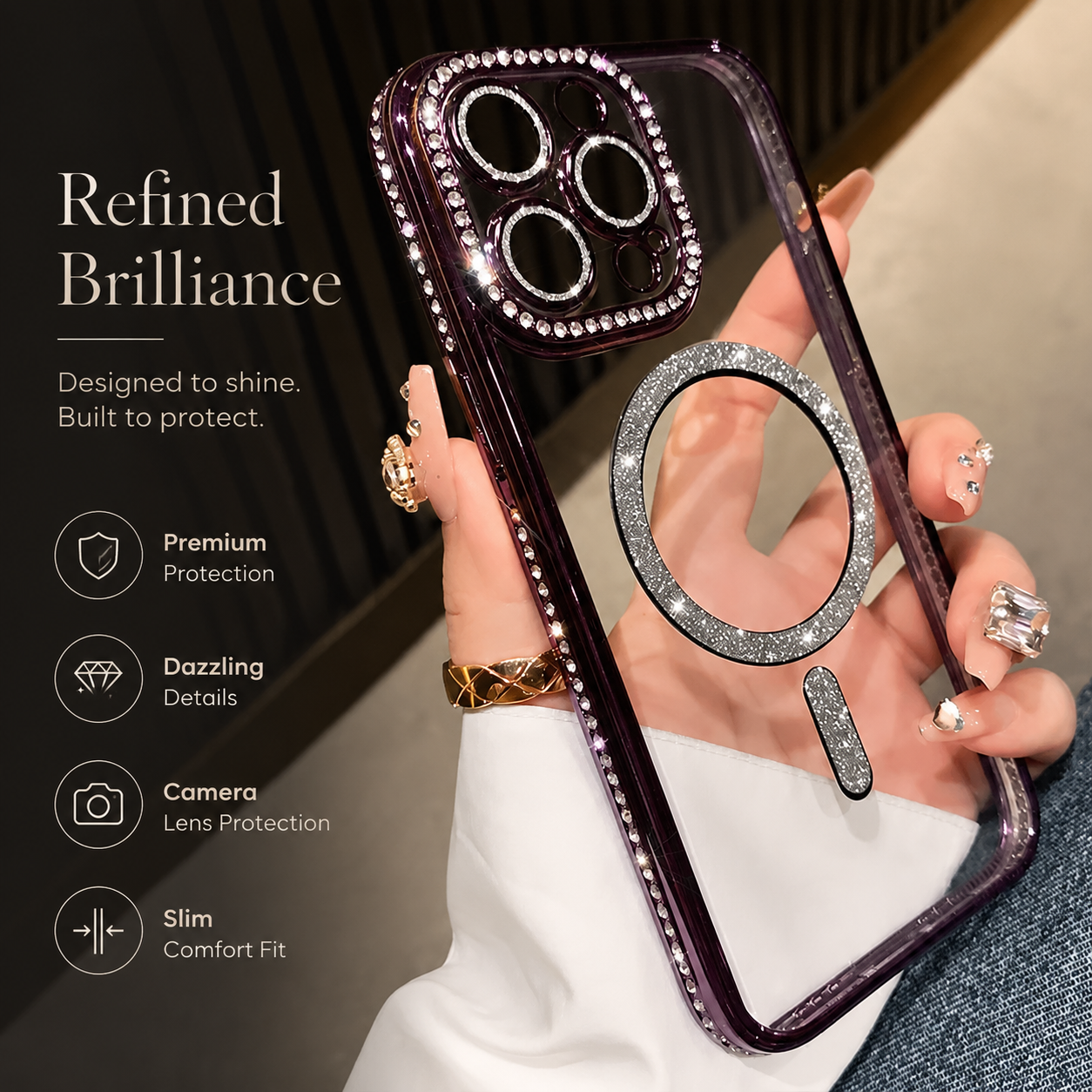 Premium iPhone Case MagSafe Compatible Transparent Glitter Diamond Cover Shockproof Bumper Ultra Thin Protection