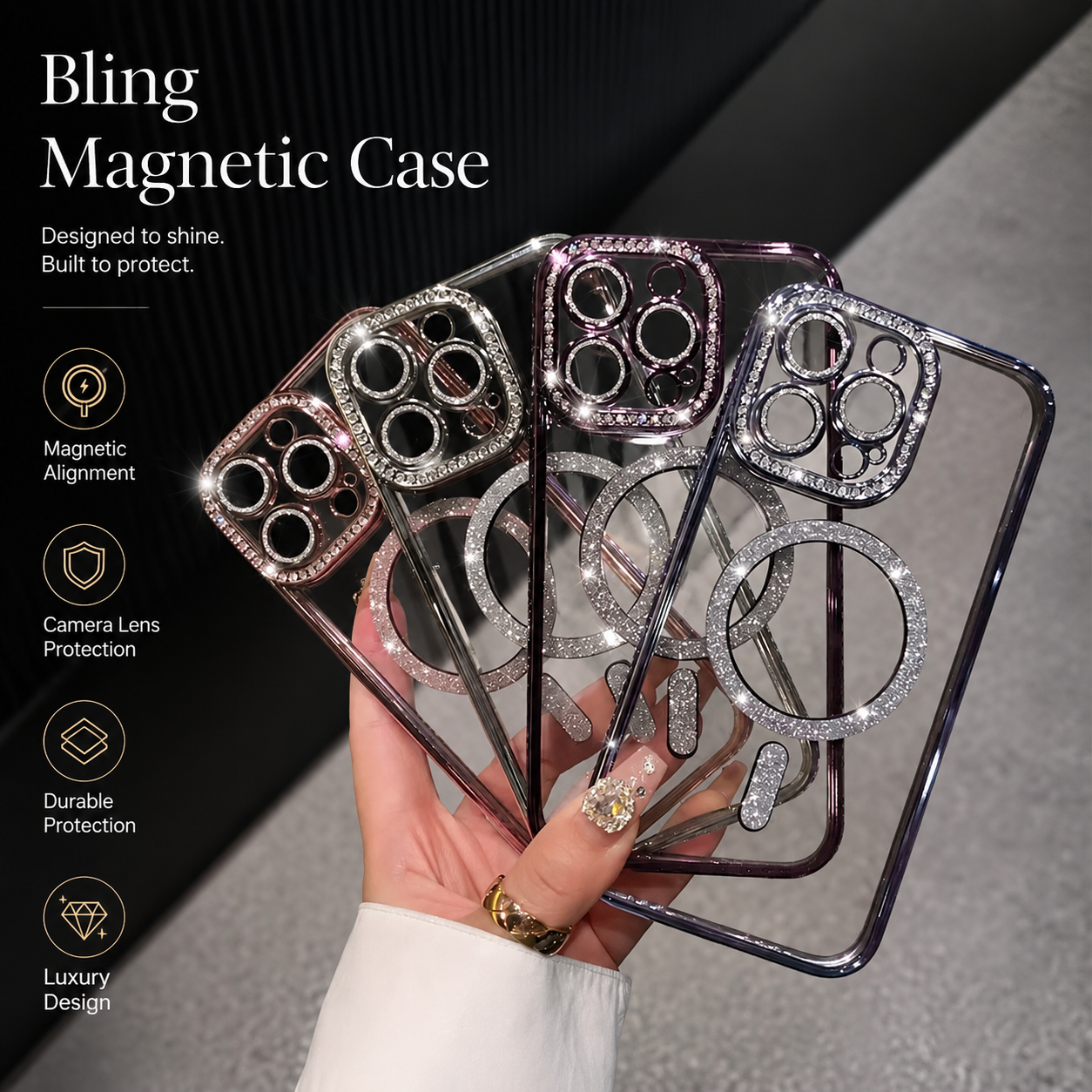Premium iPhone Case MagSafe Compatible Transparent Glitter Diamond Cover Shockproof Bumper Ultra Thin Protection