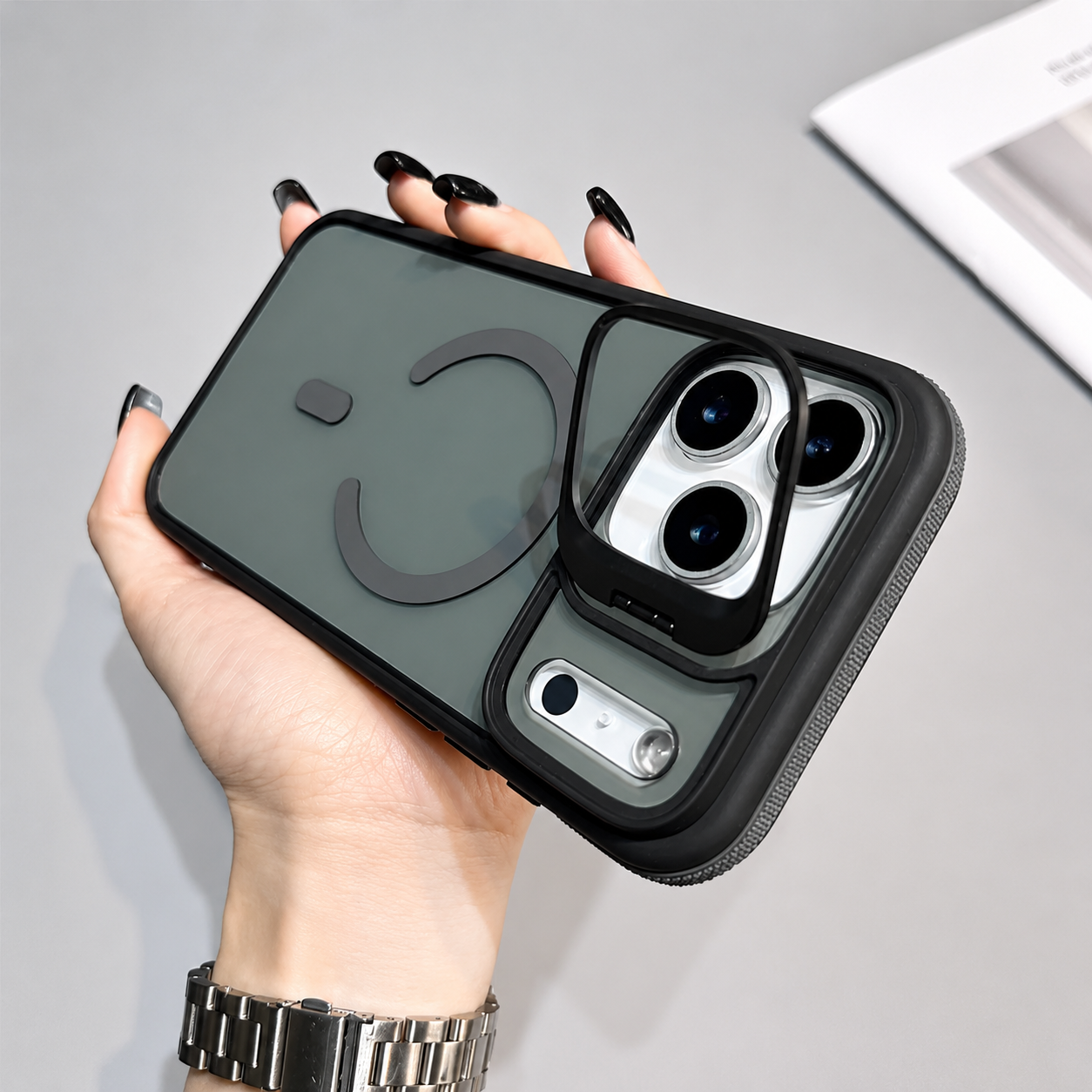 Premium iPhone Case MagSafe Compatible Transparent Matte Cover Built-in Kickstand Shockproof Camera Lens Protection