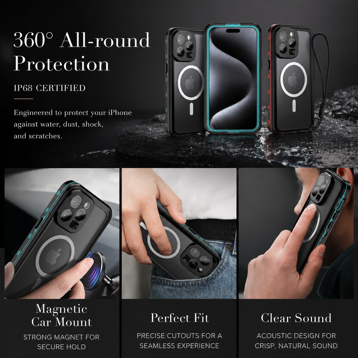 Premium iPhone Case MagSafe Compatible Waterproof IP68 Cover 360° Full Body Shockproof Protection