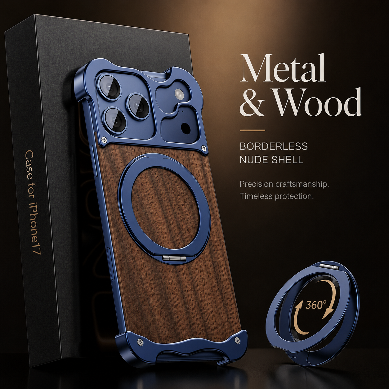 Premium iPhone Case MagSafe Compatible Wood Back Cover Aluminum Frame 360° Rotating Ring Stand Shockproof Protection