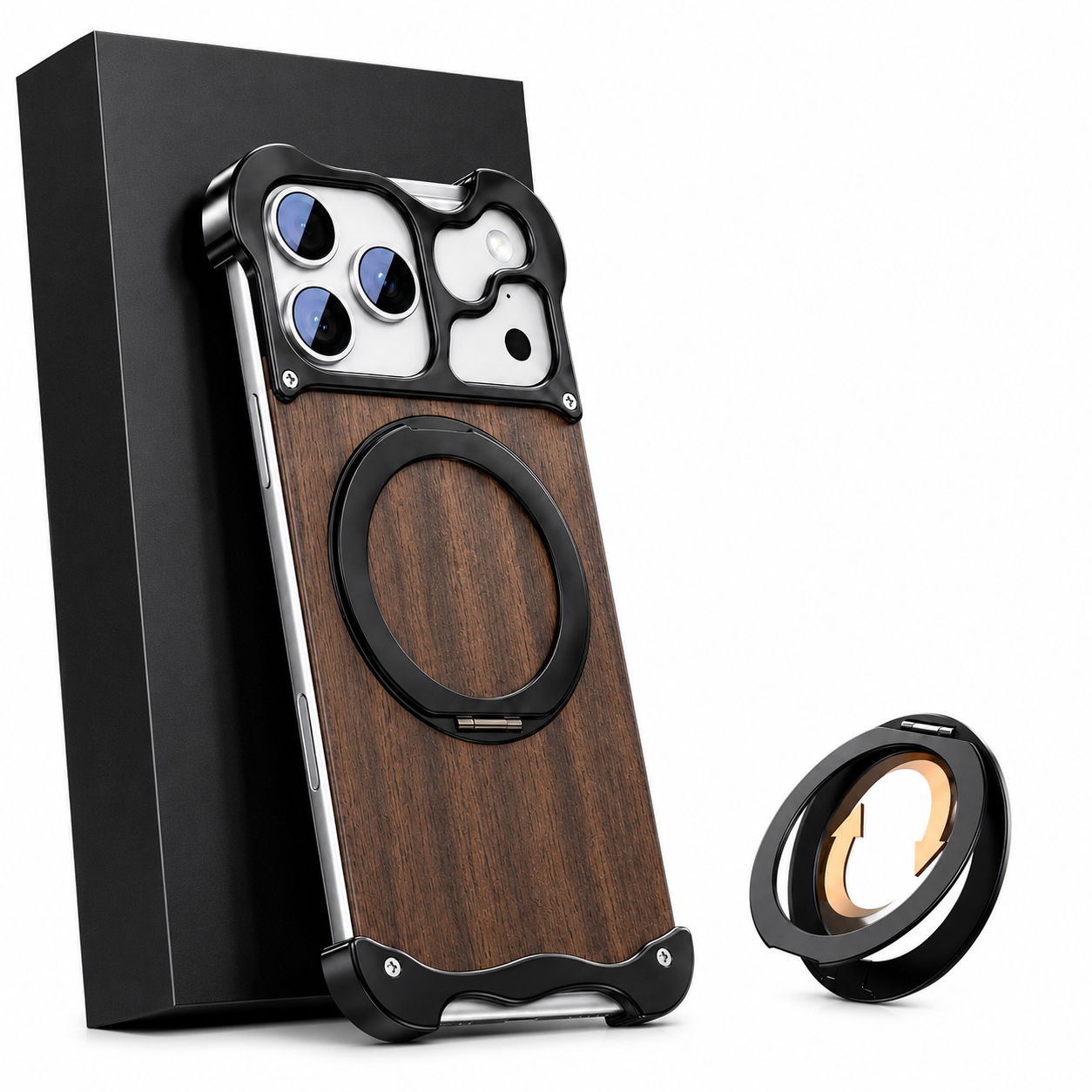 Premium iPhone Case MagSafe Compatible Wood Back Cover Aluminum Frame 360° Rotating Ring Stand Shockproof Protection