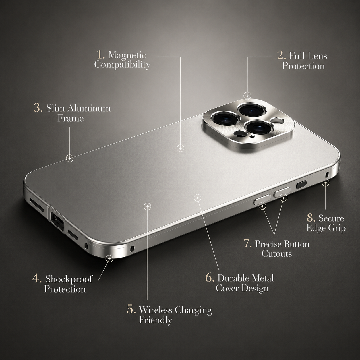 Premium iPhone Case Magnetic Aluminum Frame Shockproof Protective Cover Full Camera Lens Protection Slim Metal Design Wireless Charging Compatible