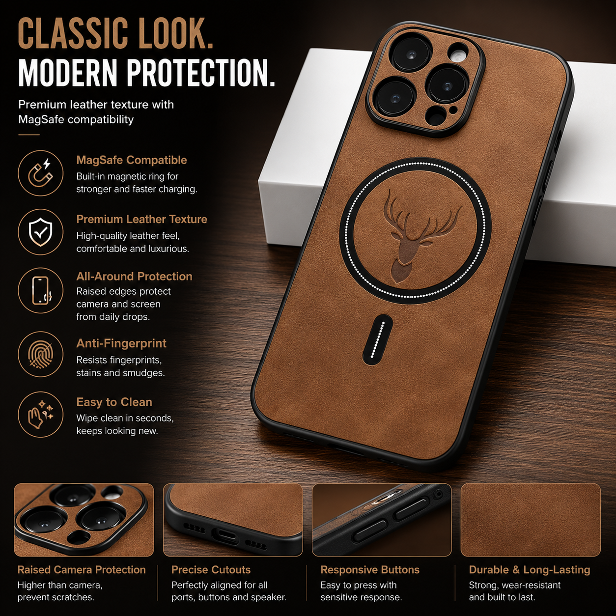 Premium iPhone Case Magnetic Deer Head Leather Cover Wireless Charging Compatible Shockproof Soft Protective Case with Matte Anti Fingerprint Finish
