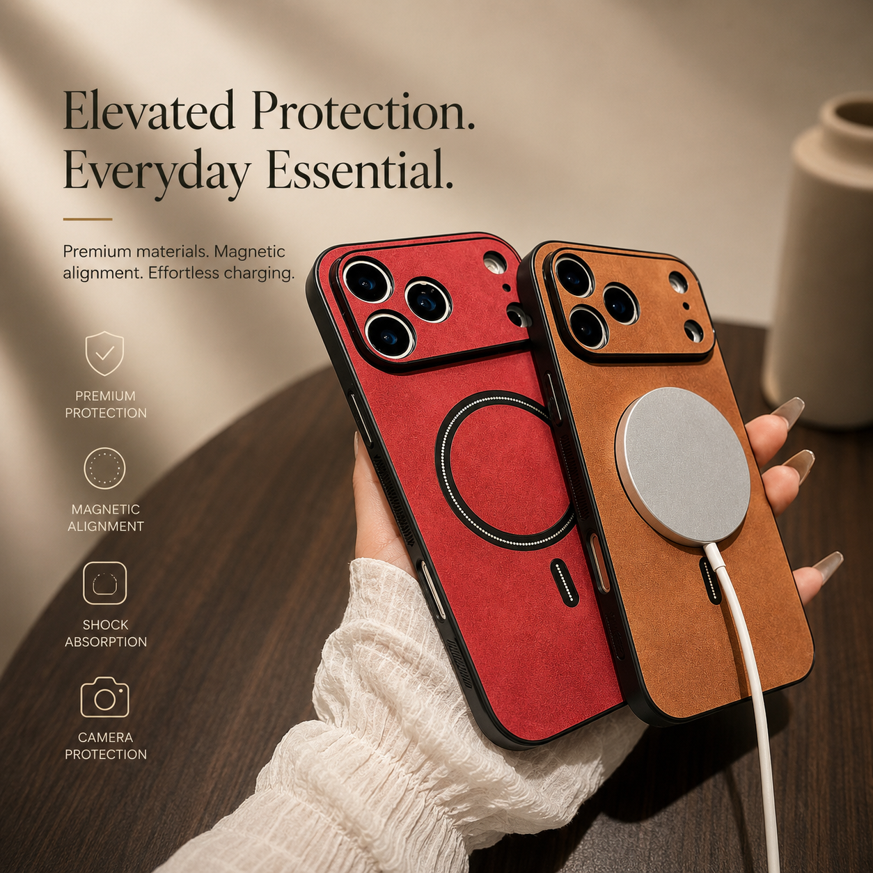 Premium iPhone Case Magnetic Leather Cover MagSafe Compatible Wireless Charging Shockproof Slim Full Coverage