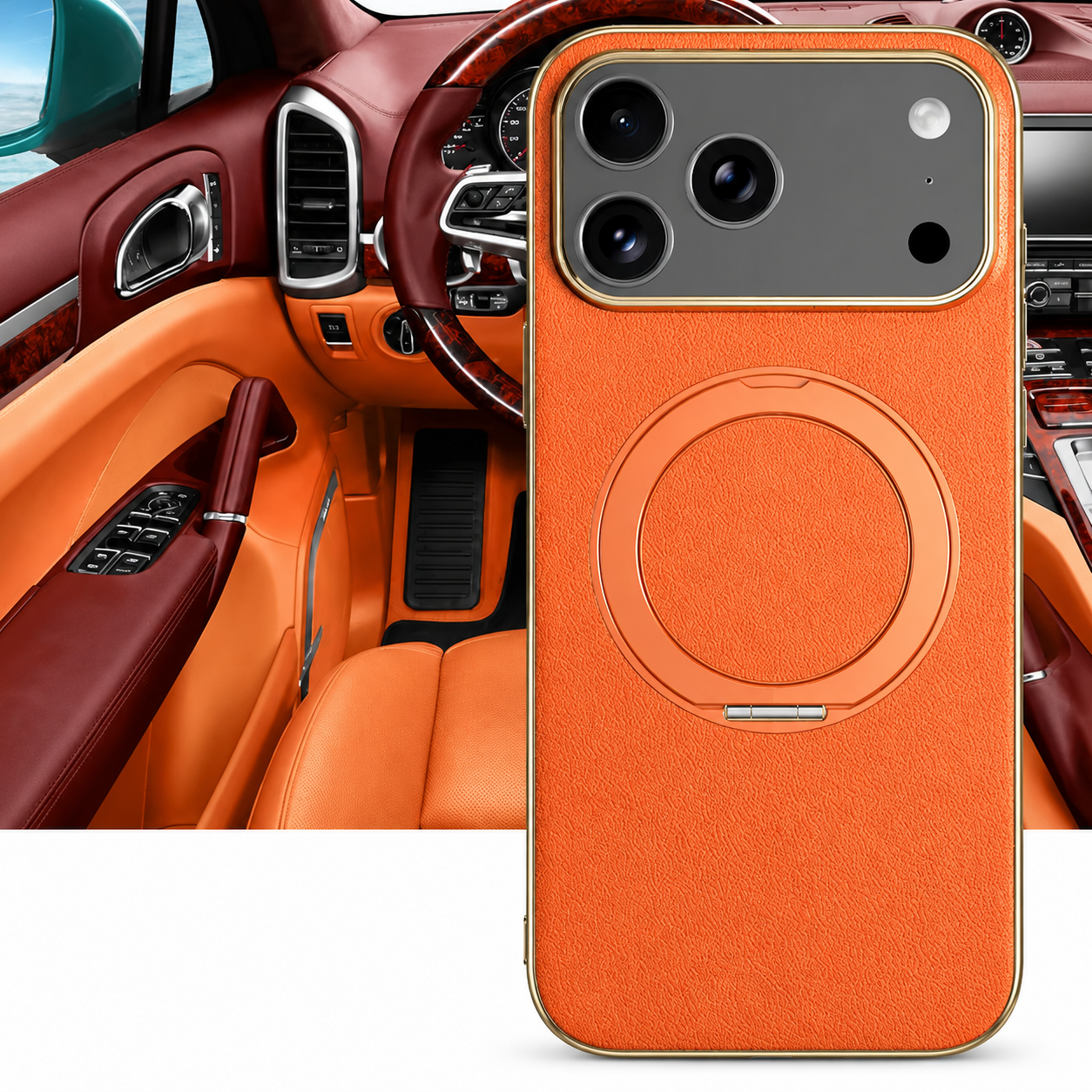 Premium iPhone Case Magnetic Leather Protective Cover Rotating Ring Holder Shockproof Full Lens Protection Slim PC TPU Full Coverage