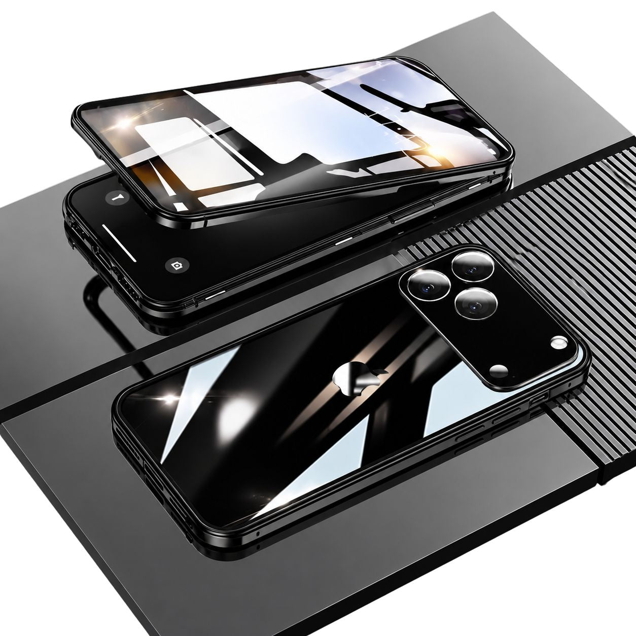 Premium iPhone Case Metal Magnetic Double Sided Glass Cover Full Protection Snap Lock Bumper Protective Case