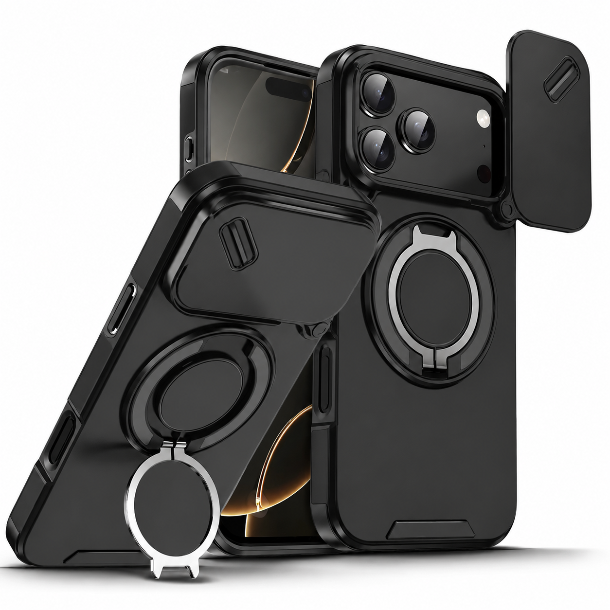 Premium iPhone Case Military Armor Magnetic Ring Stand Shockproof Protective Cover Full Lens Protection Dual Layer Full Coverage