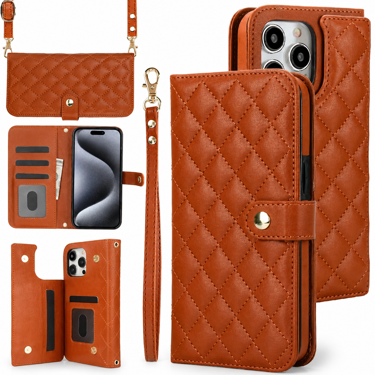Premium iPhone Case RFID Blocking Wallet Crossbody Flip Cover PU Leather Card Holder Shockproof Full Protection