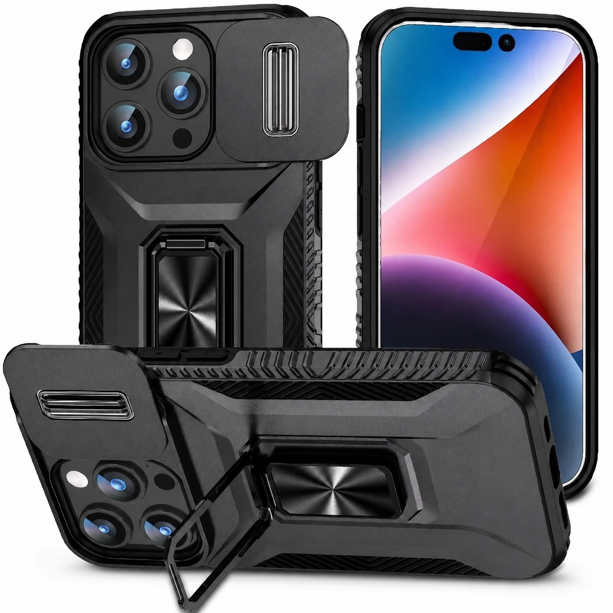 Premium iPhone Case Shockproof Protective Cover Sliding Camera Lens Guard Rotary Stand Anti Slip Full Protection