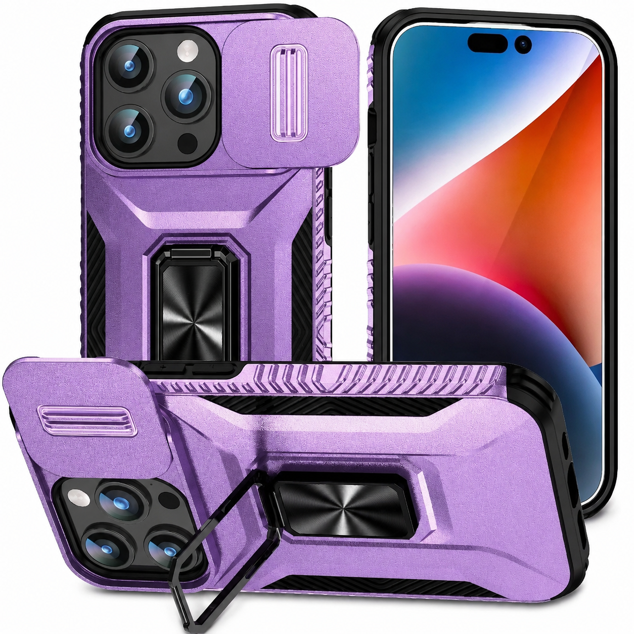 Premium iPhone Case Shockproof Protective Cover Sliding Camera Lens Guard Rotary Stand Anti Slip Full Protection