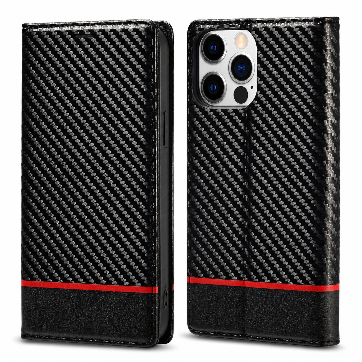 Premium iPhone Case Wallet MagSafe Compatible Carbon Fiber Leather Flip Cover Shockproof Card Holder Stand Function Camera Lens Protection Slim Design