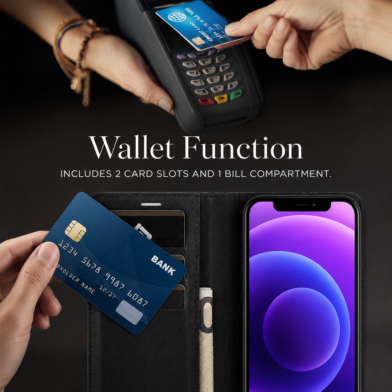 Premium iPhone Case Wallet MagSafe Compatible Carbon Fiber Leather Flip Cover Shockproof Card Holder Stand Function Camera Lens Protection Slim Design
