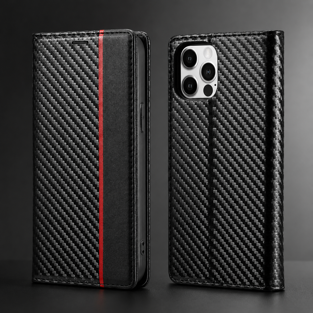 Premium iPhone Case Wallet MagSafe Compatible Carbon Fiber Leather Flip Cover Shockproof Card Holder Stand Function Camera Lens Protection Slim Design