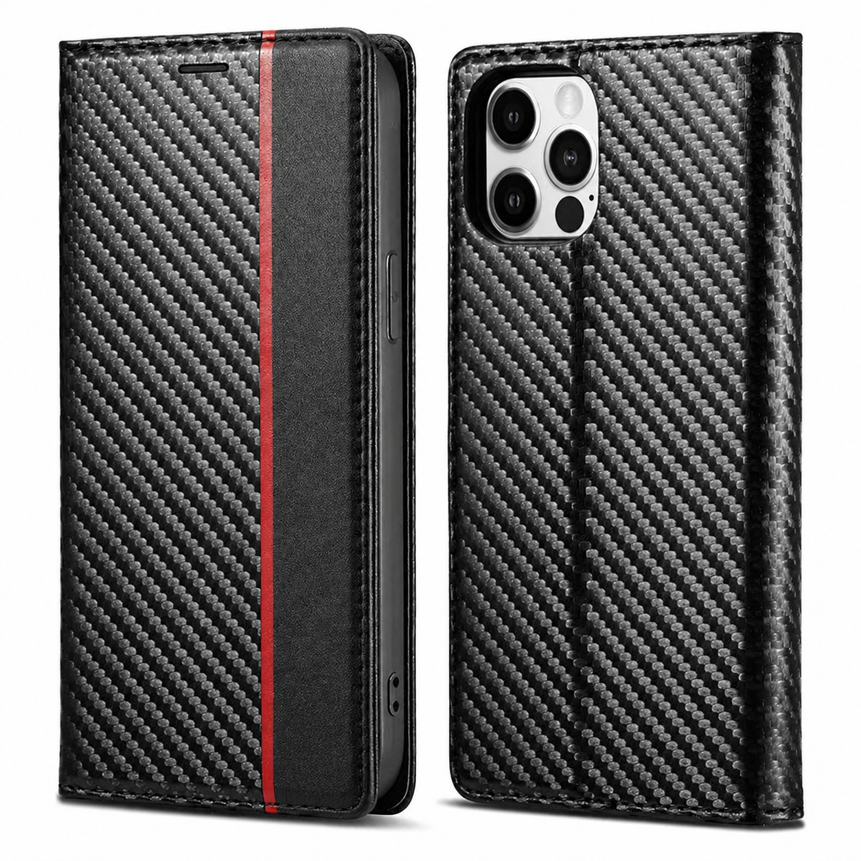 Premium iPhone Case Wallet MagSafe Compatible Carbon Fiber Leather Flip Cover Shockproof Card Holder Stand Function Camera Lens Protection Slim Design