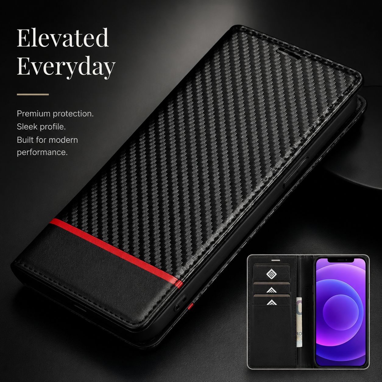 Premium iPhone Case Wallet MagSafe Compatible Carbon Fiber Leather Flip Cover Shockproof Card Holder Stand Function Camera Lens Protection Slim Design