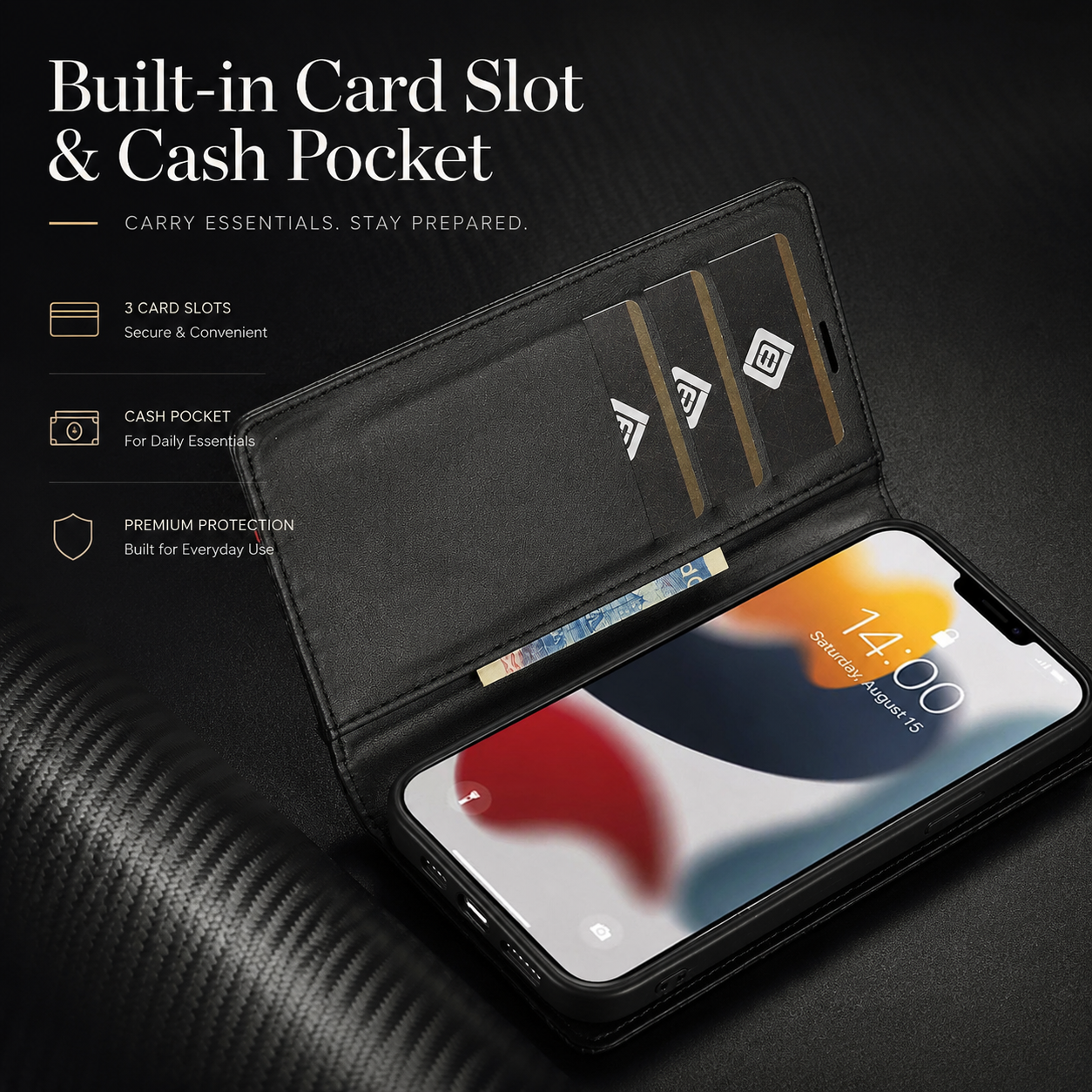 Premium iPhone Case Wallet MagSafe Compatible Carbon Fiber Leather Flip Cover Shockproof Card Holder Stand Function Camera Lens Protection Slim Design