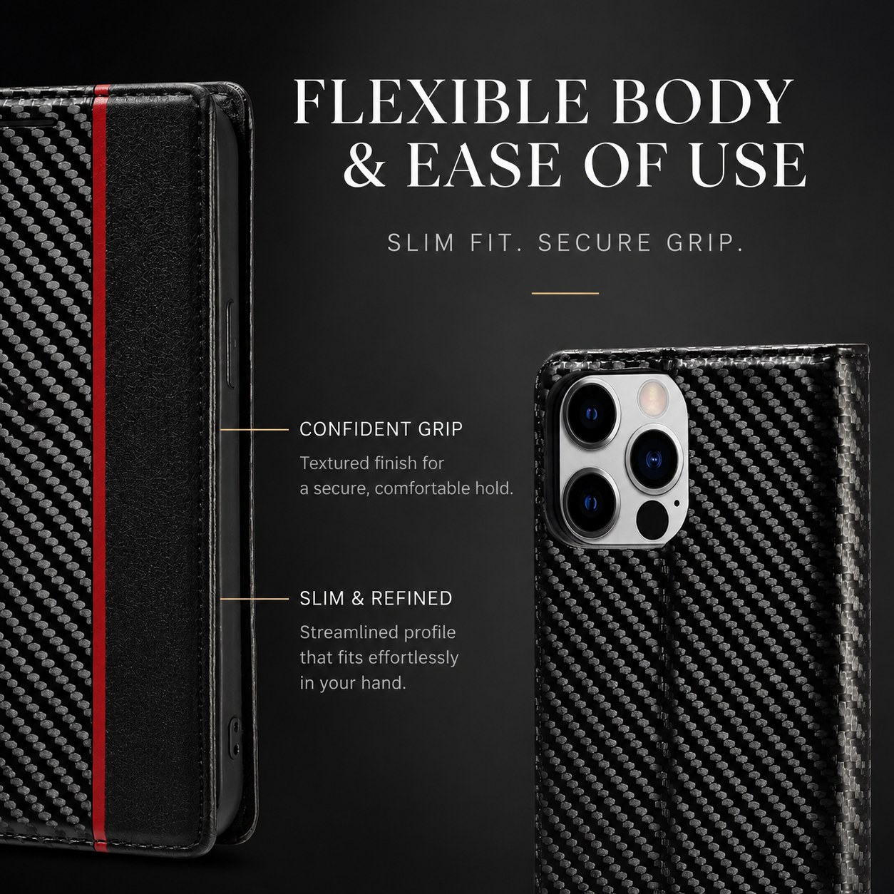 Premium iPhone Case Wallet MagSafe Compatible Carbon Fiber Leather Flip Cover Shockproof Card Holder Stand Function Camera Lens Protection Slim Design