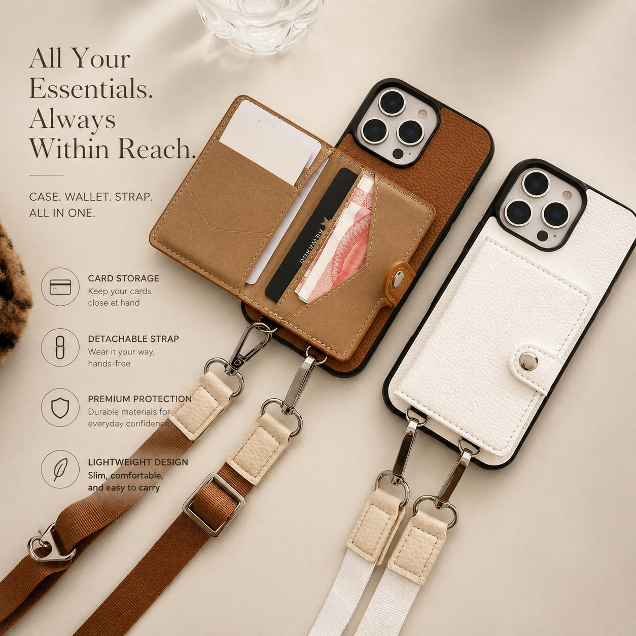 Premium iPhone Case Wallet MagSafe Compatible Crossbody PU Leather Cover Card Slots Zipper Coin Purse Shockproof Protection