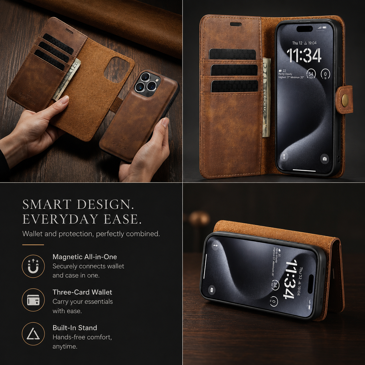 Premium iPhone Case Wallet MagSafe Compatible Detachable Magnetic Leather Cover Card Holder Protection