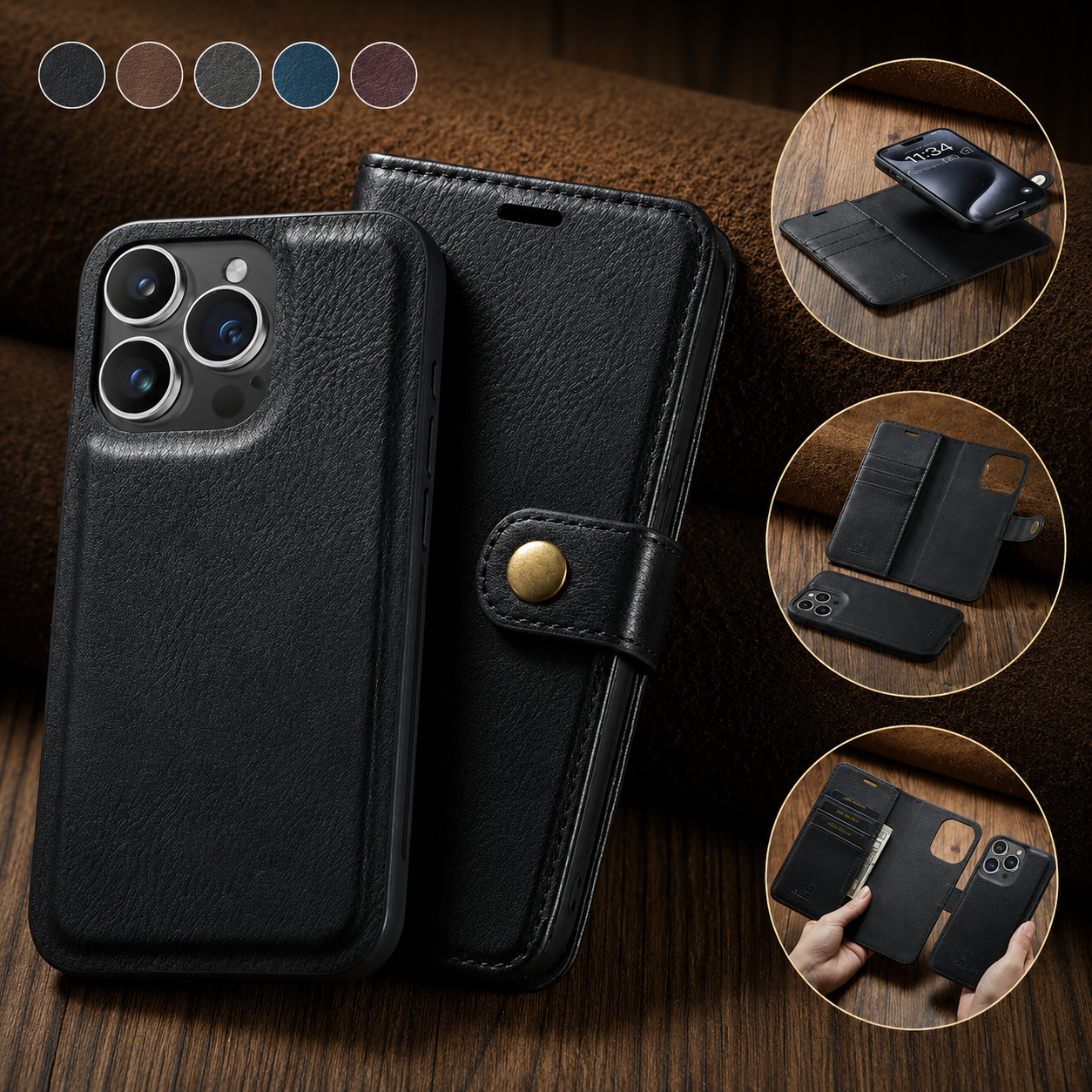 Premium iPhone Case Wallet MagSafe Compatible Detachable Magnetic Leather Cover Card Holder Protection