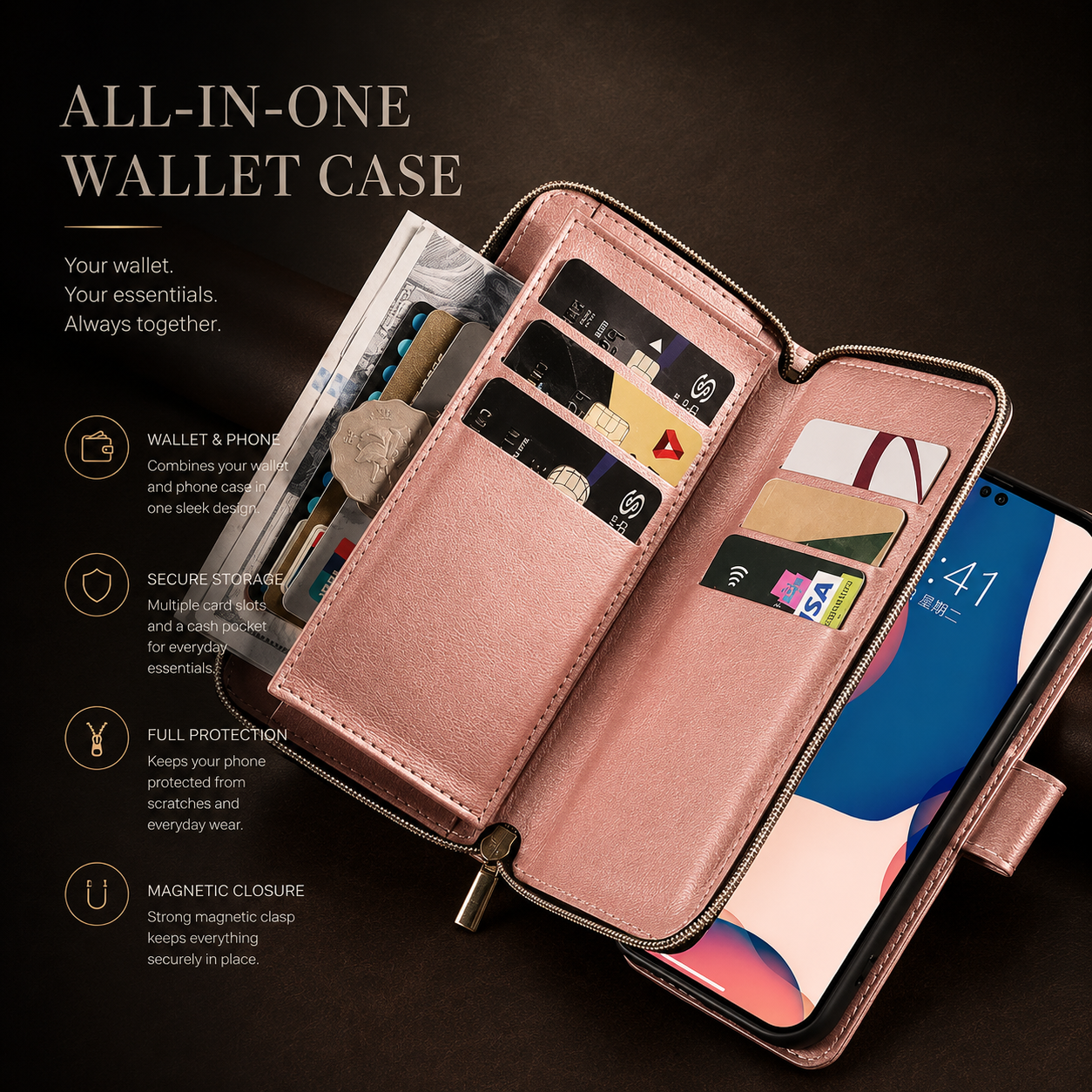 Premium iPhone Case Wallet MagSafe Compatible Leather Card Holder Cover Magnetic Closure Protection