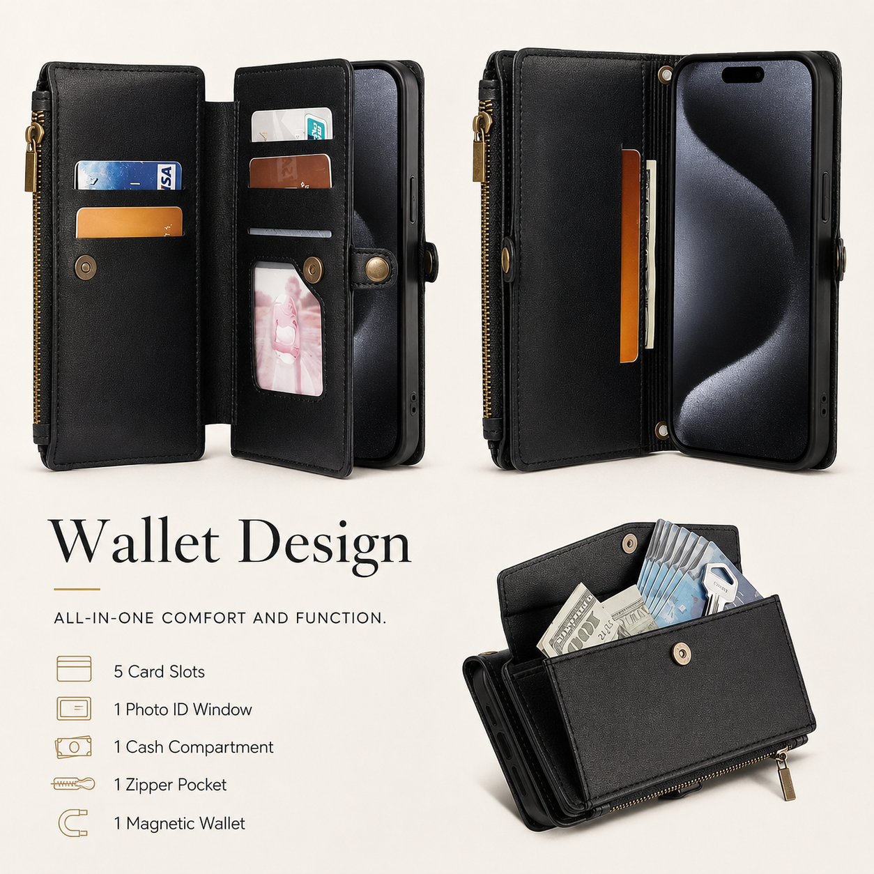 Premium iPhone Case Wallet MagSafe Compatible Leather Card Holder Cover Magnetic Closure Protection