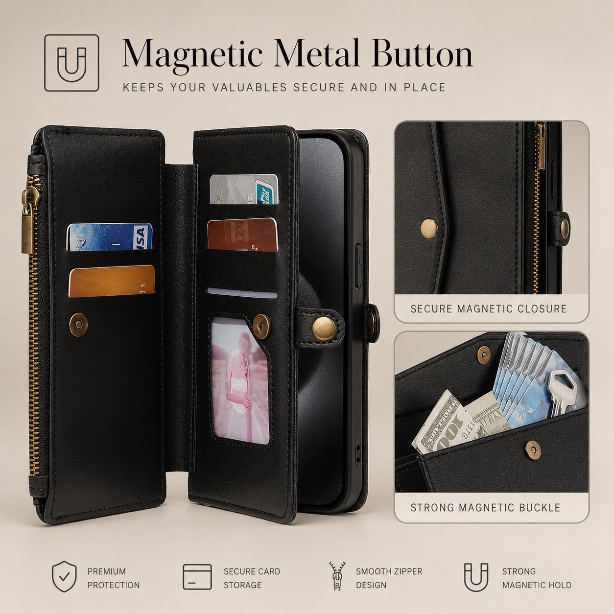 Premium iPhone Case Wallet MagSafe Compatible Leather Card Holder Cover Magnetic Closure Protection