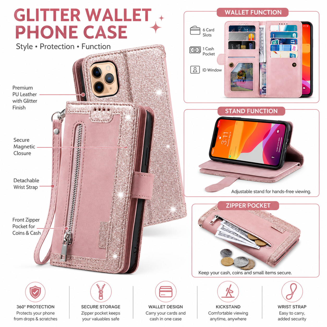 Premium iPhone Case Wallet MagSafe Compatible Leather Zipper Cover Card Holder Stand Strap Protection