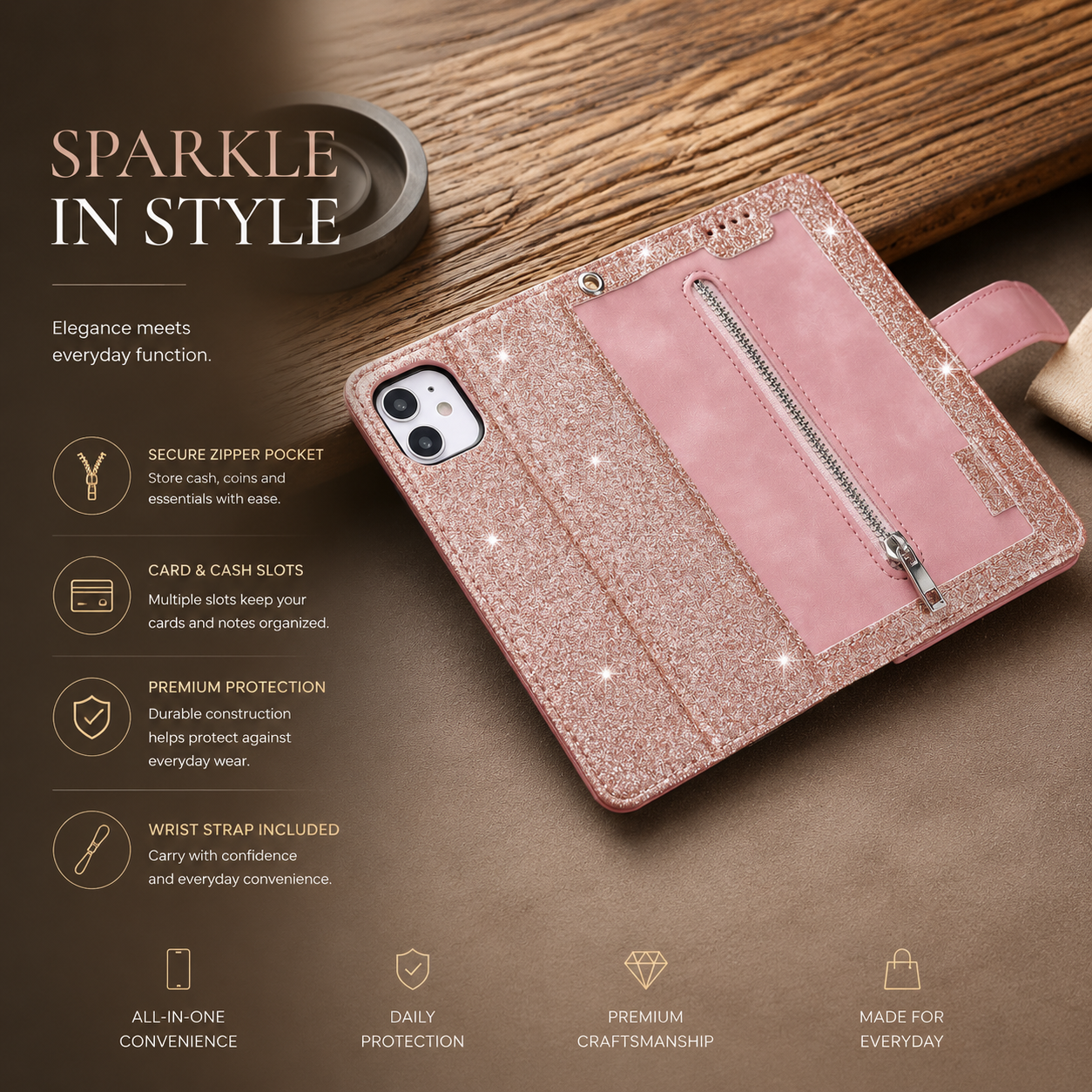 Premium iPhone Case Wallet MagSafe Compatible Leather Zipper Cover Card Holder Stand Strap Protection