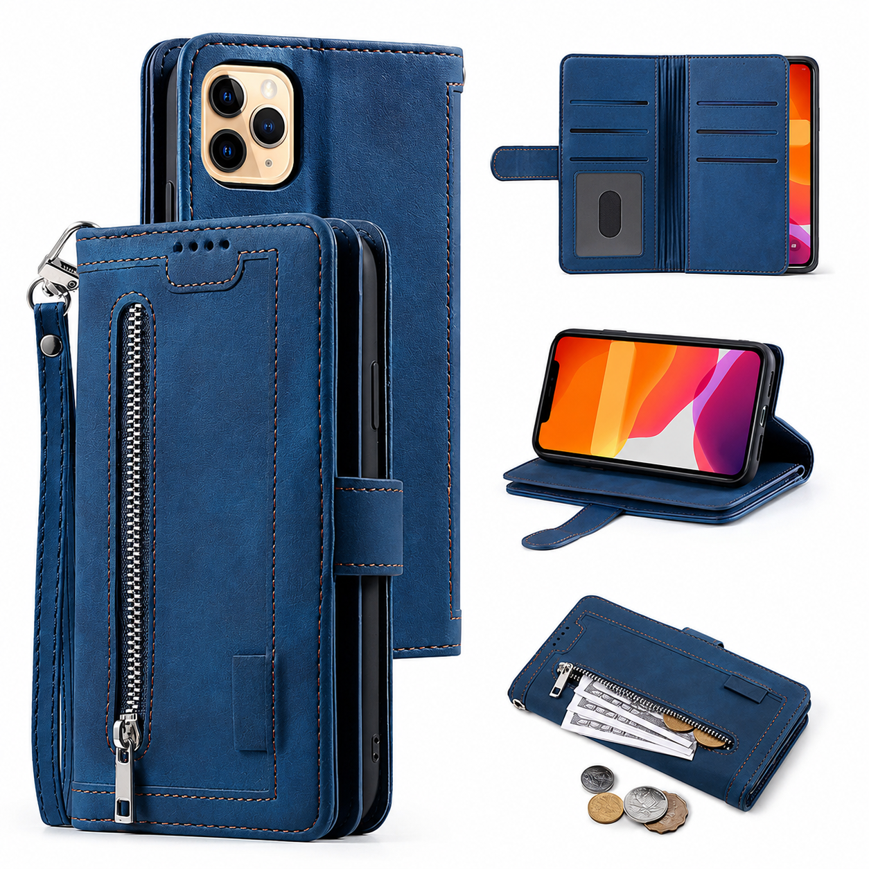 Premium iPhone Case Wallet MagSafe Compatible Leather Zipper Cover Card Holder Stand Strap Protection