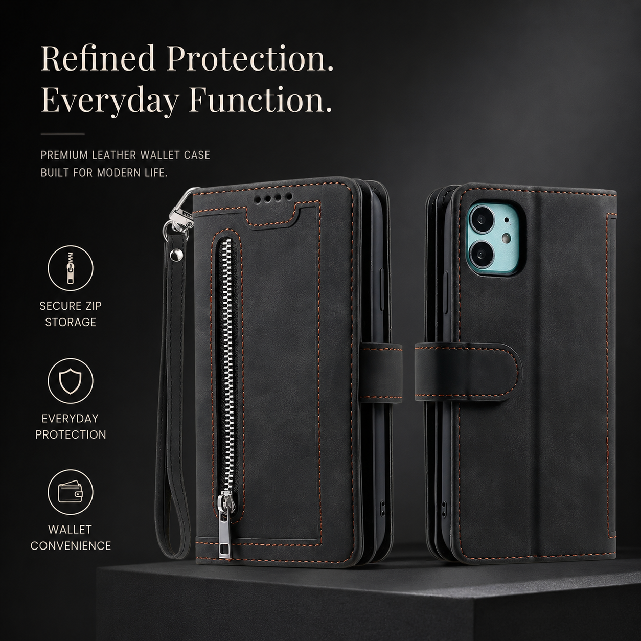 Premium iPhone Case Wallet MagSafe Compatible Leather Zipper Cover Card Holder Stand Strap Protection