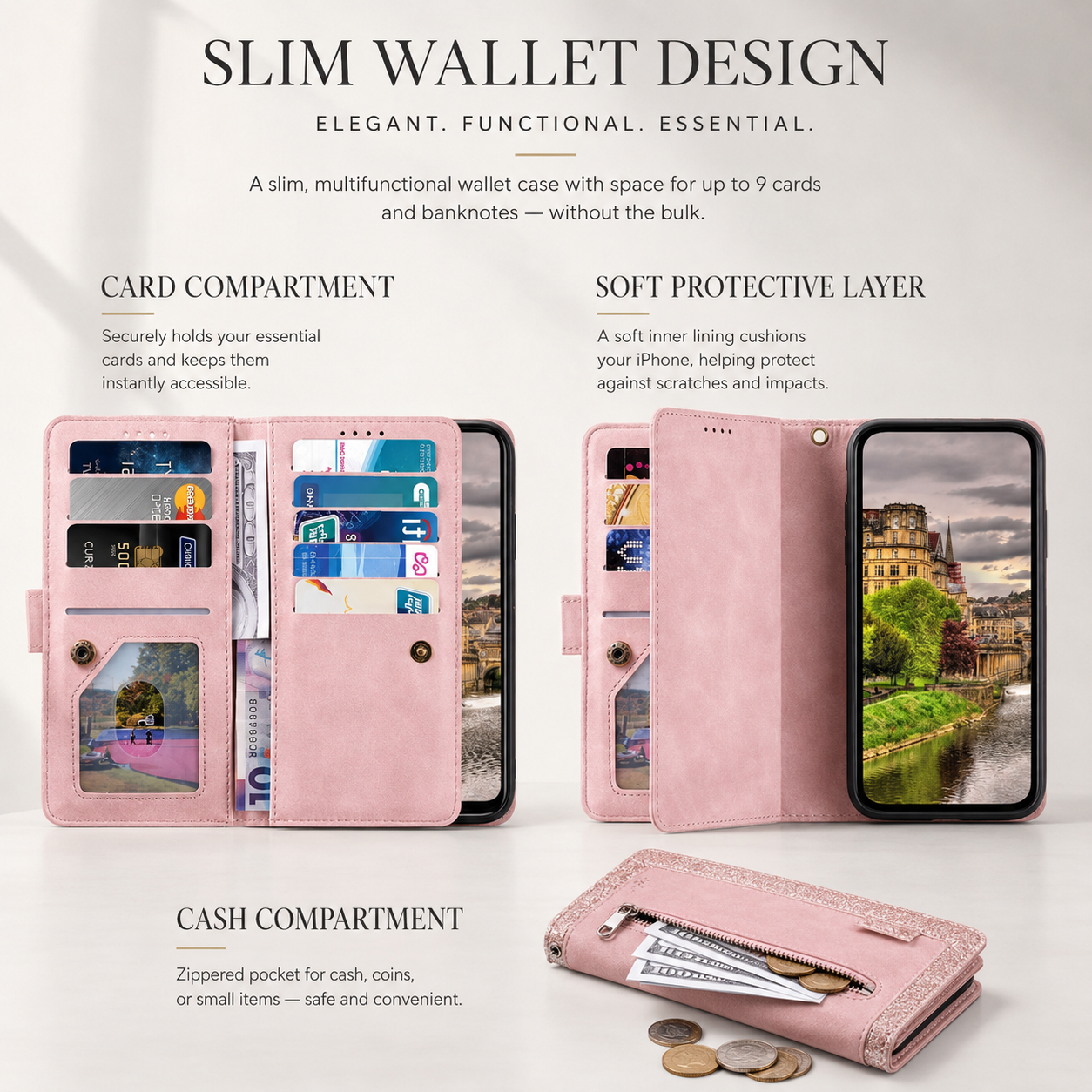 Premium iPhone Case Wallet MagSafe Compatible Leather Zipper Cover Card Holder Stand Strap Protection