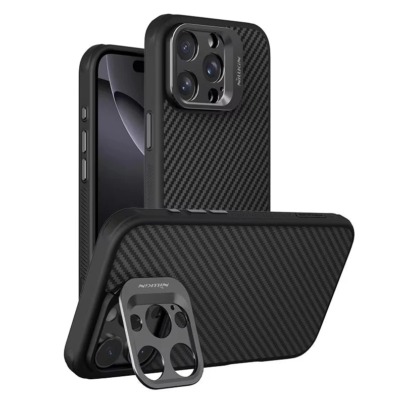 Premium iPhone Case Aramid Fiber Kevlar 600D Half Wrapped Cover with MagSafe Invisible Camera Ring Stand Shockproof Anti Fingerprint Design