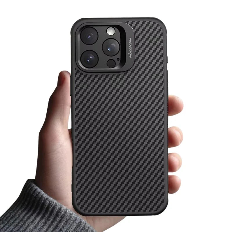 Premium iPhone Case Aramid Fiber Kevlar 600D Half Wrapped Cover with MagSafe Invisible Camera Ring Stand Shockproof Anti Fingerprint Design