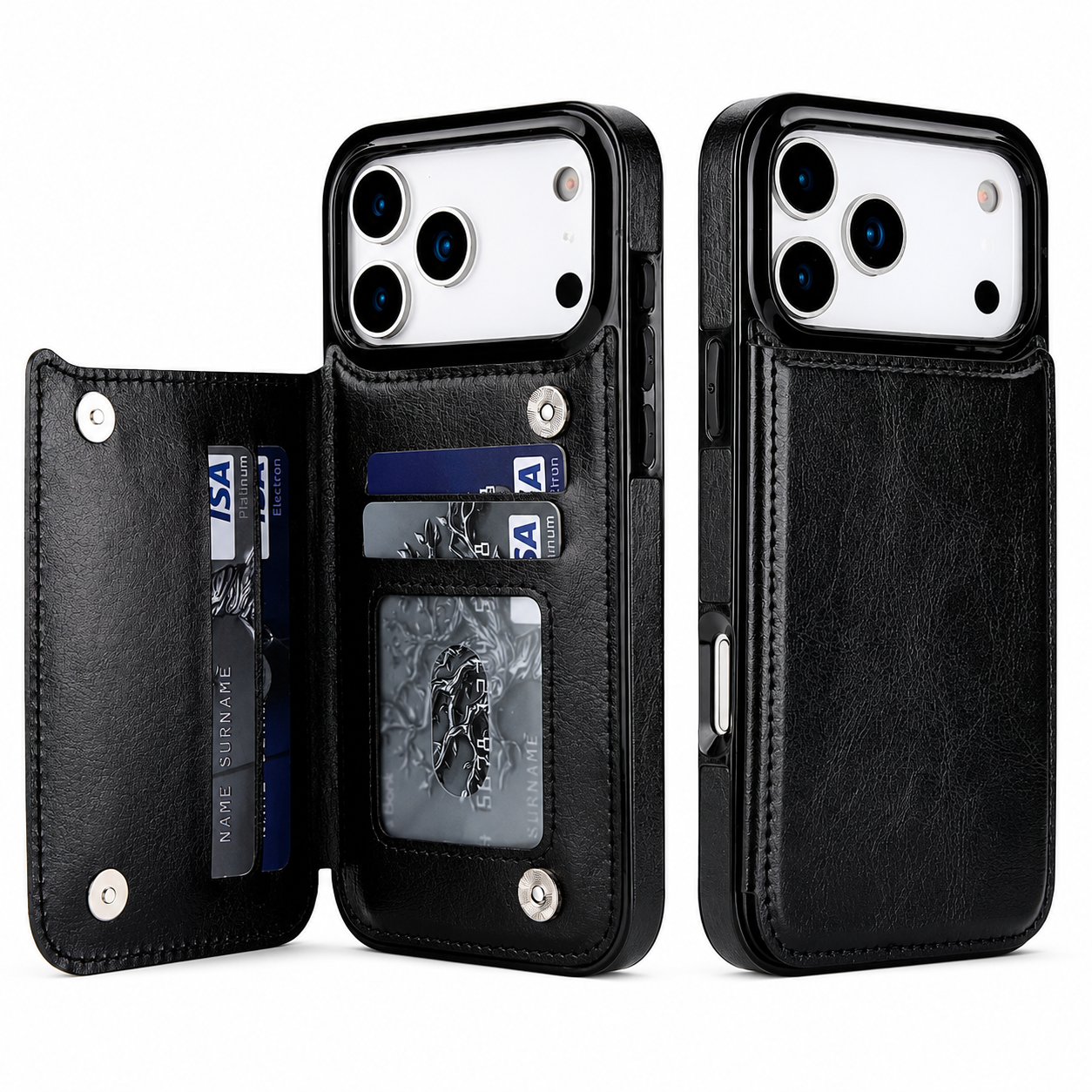 Premium iPhone Case Wallet Cover Card Holder Faux Leather Kickstand Double Magnetic Clasp Shockproof Protection