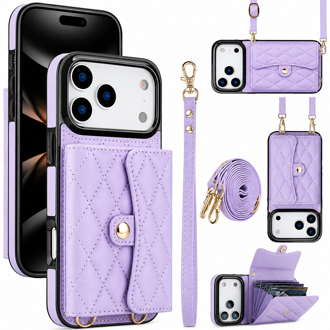 Premium iPhone Case Crossbody Leather Wallet Cover Wrist Shoulder Strap Card Coin Storage Shockproof Protection