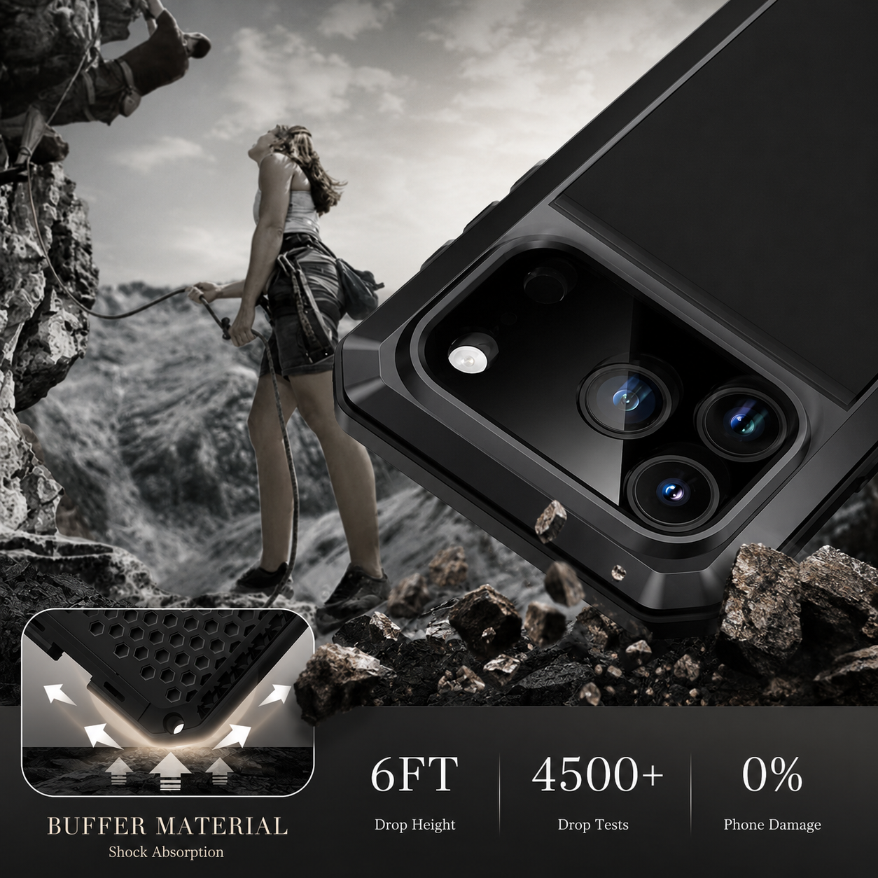 Premium iPhone Case Heavy Duty Metal Protective Cover with Built In Glass Screen Protector Shockproof TPU PC Rugged Design