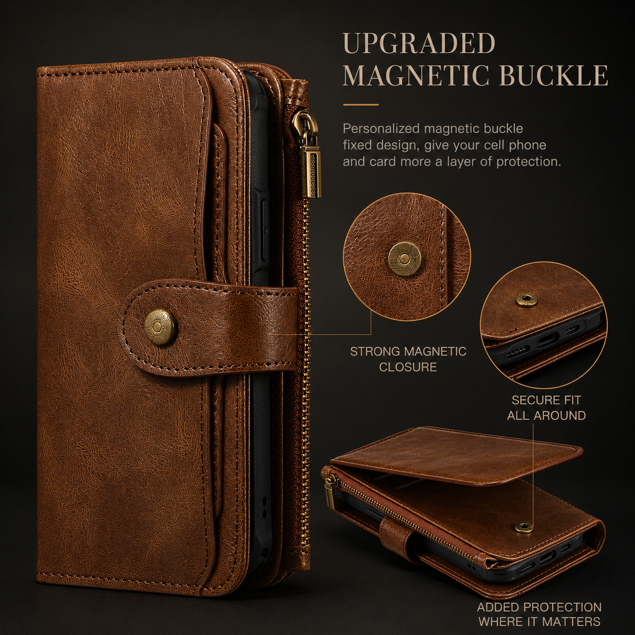 Premium iPhone Case Detachable Retro PU Leather Zipper Wallet Cover Card Slots Shockproof Protection