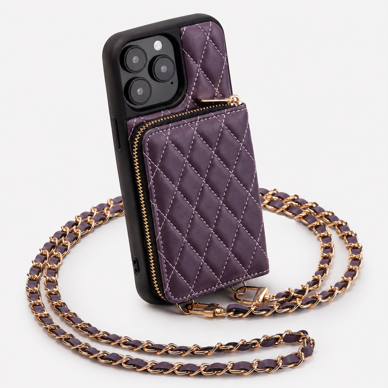 Premium iPhone Case Diamond Stitch Crossbody Card Bag with Chain Strap Shockproof Leather Non Slip Portable Protective Design