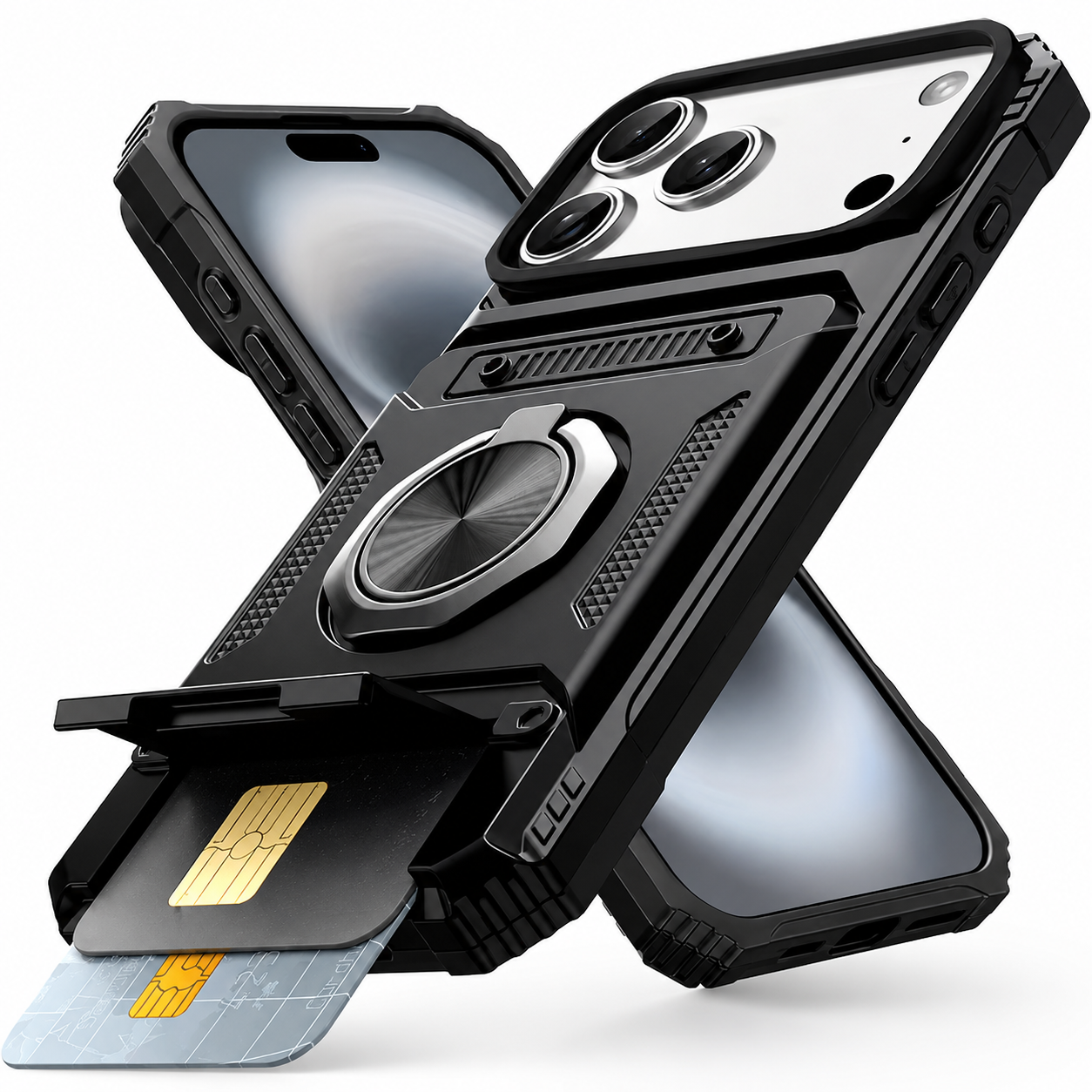 Premium iPhone Case Magnetic Wallet Cover Rotating Ring Kickstand Heavy Duty Drop Protection Case