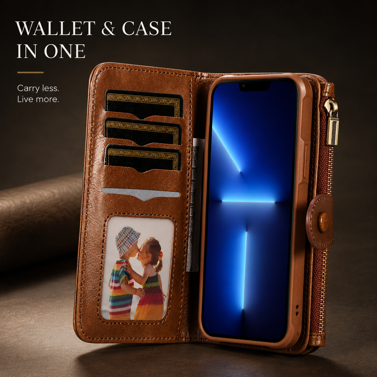 Premium iPhone Case Detachable Retro PU Leather Zipper Wallet Cover Card Slots Shockproof Protection