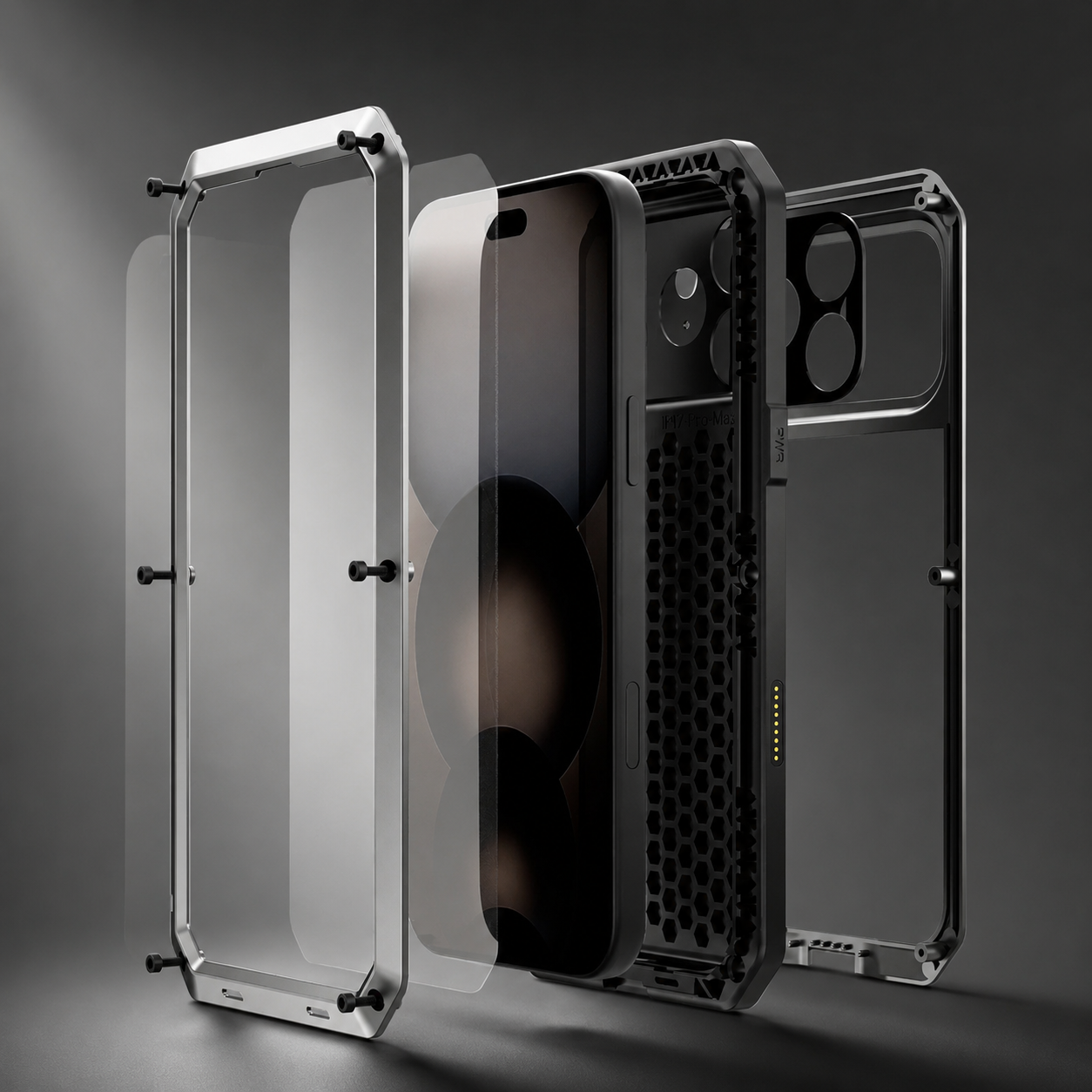 Premium iPhone Case Heavy Duty Metal Protective Cover with Built In Glass Screen Protector Shockproof TPU PC Rugged Design