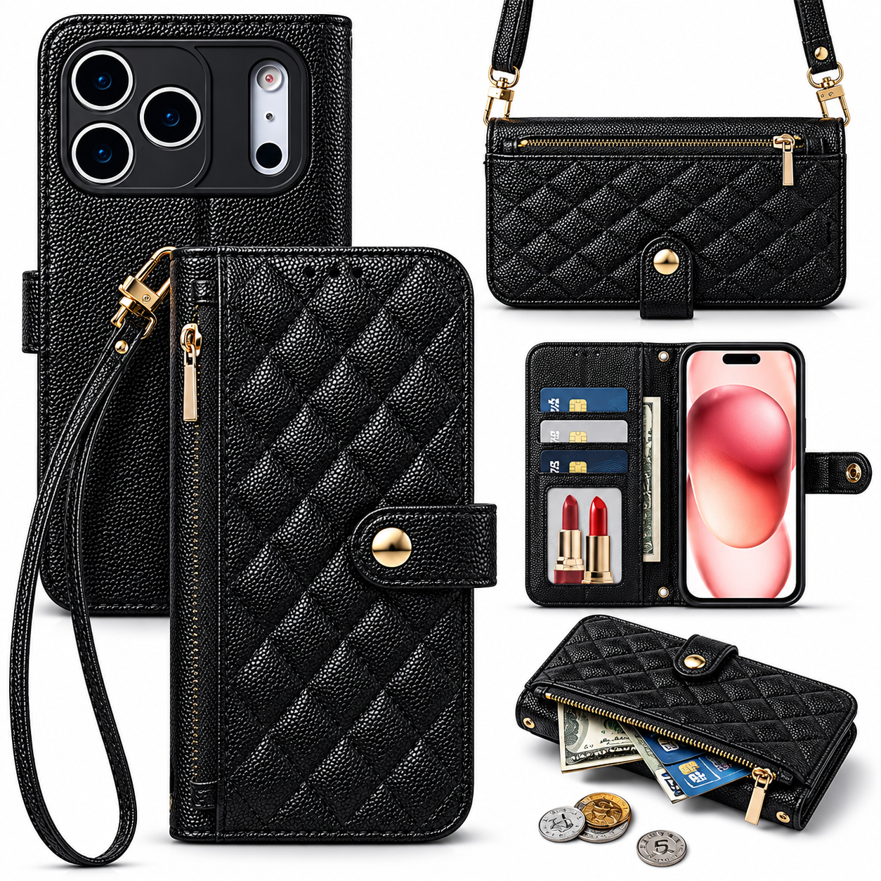 Premium iPhone Case Crossbody Leather Wallet Cover with Card Holder Lanyard Strap Anti Scratch Non Slip Protective PU Design