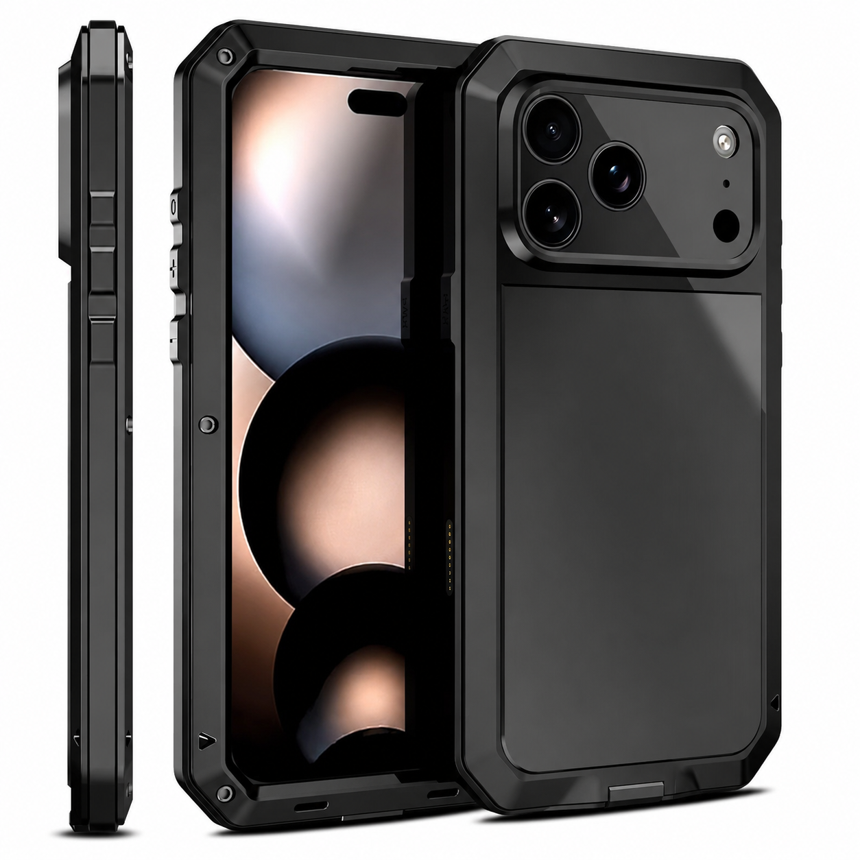 Premium iPhone Case Heavy Duty Metal Protective Cover with Built In Glass Screen Protector Shockproof TPU PC Rugged Design
