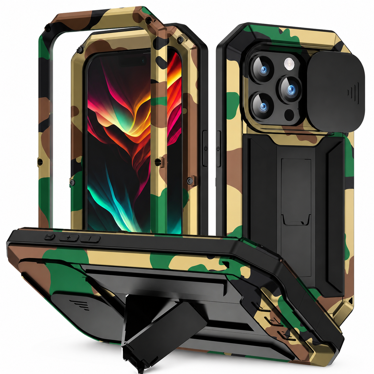 Premium iPhone Case Heavy Duty Aluminum Metal Full Body Cover with Tempered Glass Screen Lens Slider Shockproof Dual Layer Kickstand Design